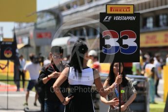 World © Octane Photographic Ltd. Max Verstappen's Pirelli Grid Girl. Sunday 15th May 2016, F1 Spanish GP Grid, Circuit de Barcelona Catalunya, Spain. Digital Ref :
