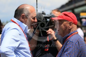 World © Octane Photographic Ltd. Ron Dennis and Niki Lauda. Sunday 15th May 2016, F1 Spanish GP Grid, Circuit de Barcelona Catalunya, Spain. Digital Ref :