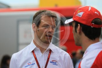 World © Octane Photographic Ltd. Scuderia Ferrari - Jean-Eric Vergne and Alex Wurz. Sunday 15th May 2016, F1 Spanish GP Paddock, Circuit de Barcelona Catalunya, Spain. Digital Ref :