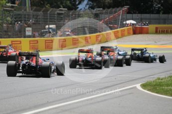 World © Octane Photographic Ltd. Mercedes AMG Petronas W07 Hybrid – Nico Rosberg and Lewis Hamilton lead the 2 Red Bulls into turn 1. Sunday 15th May 2016, F1 Spanish GP Race, Circuit de Barcelona Catalunya, Spain. Digital Ref :