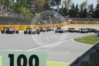 World © Octane Photographic Ltd. the pack head into turn 1. Sunday 15th May 2016, F1 Spanish GP Race, Circuit de Barcelona Catalunya, Spain. Digital Ref :