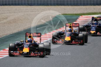 World © Octane Photographic Ltd. Red Bull Racing RB12 – Daniel Ricciardo and Max Verstappen ahead of Carlos Sainz' Toro Rosso. Sunday 15th May 2016, F1 Spanish GP Race, Circuit de Barcelona Catalunya, Spain. Digital Ref :