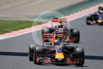World © Octane Photographic Ltd. Red Bull Racing RB12 – Daniel Ricciardo and Max Verstappen ahead of Carlos Sainz' Toro Rosso. Sunday 15th May 2016, F1 Spanish GP Race, Circuit de Barcelona Catalunya, Spain. Digital Ref :