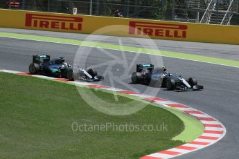 World © Octane Photographic Ltd. Mercedes AMG Petronas W07 Hybrid – Nico Rosberg and Lewis Hamilton lead into the 1st corner. Sunday 15th May 2016, F1 Spanish GP Race, Circuit de Barcelona Catalunya, Spain. Digital Ref :