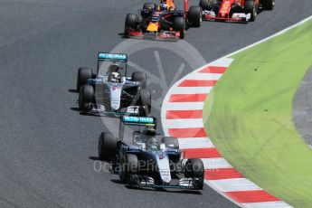 World © Octane Photographic Ltd. Mercedes AMG Petronas W07 Hybrid – Nico Rosberg and Lewis Hamilton lead into the 1st corner. Sunday 15th May 2016, F1 Spanish GP Race, Circuit de Barcelona Catalunya, Spain. Digital Ref :