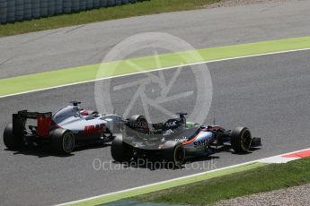 World © Octane Photographic Ltd. Sahara Force India VJM09 - Nico Hulkenberg and Haas F1 Team VF-16 – Romain Grosjean. Sunday 15th May 2016, F1 Spanish GP Race, Circuit de Barcelona Catalunya, Spain. Digital Ref :