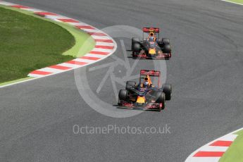 World © Octane Photographic Ltd. Red Bull Racing RB12 – Daniel Ricciardo and Max Verstappen. Sunday 15th May 2016, F1 Spanish GP Race, Circuit de Barcelona Catalunya, Spain. Digital Ref :