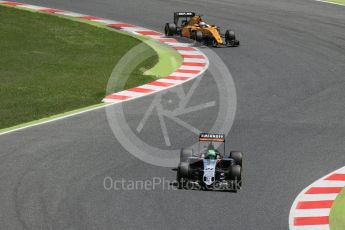 World © Octane Photographic Ltd. Sahara Force India VJM09 - Nico Hulkenberg and Renault Sport F1 Team RS16 - Kevin Magnussen. Sunday 15th May 2016, F1 Spanish GP Race, Circuit de Barcelona Catalunya, Spain. Digital Ref :