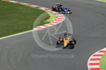 World © Octane Photographic Ltd. Renault Sport F1 Team RS16 – Jolyon Palmer and Sauber F1 Team C35 – Felipe Nasr. Sunday 15th May 2016, F1 Spanish GP Race, Circuit de Barcelona Catalunya, Spain. Digital Ref :