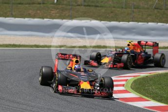 World © Octane Photographic Ltd. Red Bull Racing RB12 – Daniel Ricciardo and Max Verstappen. Sunday 15th May 2016, F1 Spanish GP Race, Circuit de Barcelona Catalunya, Spain. Digital Ref :