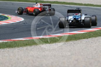 World © Octane Photographic Ltd. Scuderia Ferrari SF16-H – Kimi Raikkonen and Williams Martini Racing, Williams Mercedes FW38 – Valtteri Bottas. Sunday 15th May 2016, F1 Spanish GP Race, Circuit de Barcelona Catalunya, Spain. Digital Ref :