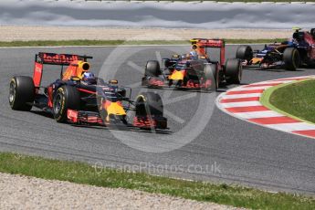 World © Octane Photographic Ltd. Red Bull Racing RB12 – Daniel Ricciardo and Max Verstappen lead Scuderia Toro Rosso STR11 – Carlos Sainz. Sunday 15th May 2016, F1 Spanish GP Race, Circuit de Barcelona Catalunya, Spain. Digital Ref :