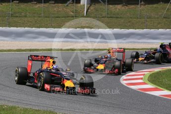 World © Octane Photographic Ltd. Red Bull Racing RB12 – Daniel Ricciardo and Max Verstappen. Sunday 15th May 2016, F1 Spanish GP Race, Circuit de Barcelona Catalunya, Spain. Digital Ref :