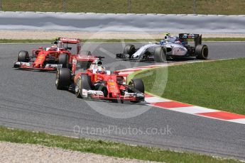 World © Octane Photographic Ltd. Scuderia Ferrari SF16-H – Sebastian Vettel and Kimi Raikkonen and Williams Martini Racing, Williams Mercedes FW38 – Valtteri Bottas. Sunday 15th May 2016, F1 Spanish GP Race, Circuit de Barcelona Catalunya, Spain. Digital Ref :