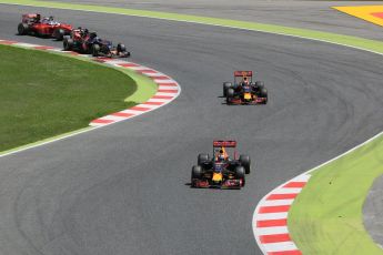 World © Octane Photographic Ltd. Red Bull Racing RB12 – Daniel Ricciardo and Max Verstappen lead Scuderia Toro Rosso STR11 – Carlos Sainz. Sunday 15th May 2016, F1 Spanish GP Race, Circuit de Barcelona Catalunya, Spain. Digital Ref :