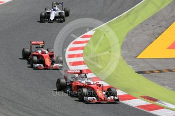 World © Octane Photographic Ltd. Scuderia Ferrari SF16-H – Sebastian Vettel and Kimi Raikkonen and Williams Martini Racing, Williams Mercedes FW38 – Valtteri Bottas. Sunday 15th May 2016, F1 Spanish GP Race, Circuit de Barcelona Catalunya, Spain. Digital Ref :