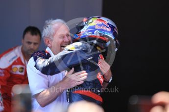 World © Octane Photographic Ltd. Red Bull Racing RB12 – Max Verstappen and Dr.Helmut Marko. Sunday 15th May 2016, F1 Spanish GP Parc Ferme, Circuit de Barcelona Catalunya, Spain. Digital Ref :