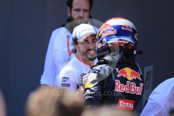 World © Octane Photographic Ltd. Red Bull Racing RB12 – Max Verstappen and Fernando Alonso. Sunday 15th May 2016, F1 Spanish GP Parc Ferme, Circuit de Barcelona Catalunya, Spain. Digital Ref :