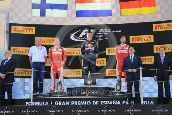 World © Octane Photographic Ltd. Red Bull Racing RB12 – Max Verstappen (1st) and Dr.Helmut Marko and Scuderia Ferrari - Kimi Raikkonen (2nd) and Sebastian Vettel (3rd). Sunday 15th May 2016, F1 Spanish GP Podium, Circuit de Barcelona Catalunya, Spain. Digital Ref :