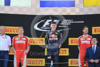 World © Octane Photographic Ltd. Red Bull Racing RB12 – Max Verstappen (1st) and Dr.Helmut Marko and Scuderia Ferrari - Kimi Raikkonen (2nd) and Sebastian Vettel (3rd). Sunday 15th May 2016, F1 Spanish GP Podium, Circuit de Barcelona Catalunya, Spain. Digital Ref :