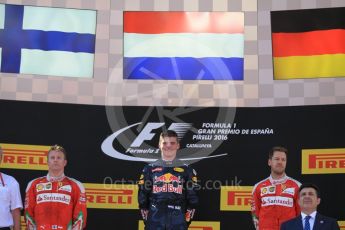 World © Octane Photographic Ltd. Red Bull Racing RB12 – Max Verstappen (1st) and Scuderia Ferrari - Kimi Raikkonen (2nd) and Sebastian Vettel (3rd). Sunday 15th May 2016, F1 Spanish GP Podium, Circuit de Barcelona Catalunya, Spain. Digital Ref :