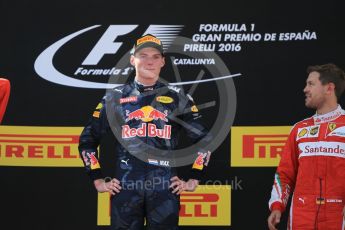 World © Octane Photographic Ltd. Red Bull Racing RB12 – Max Verstappen (1st) and Scuderia Ferrari - Sebastian Vettel (3rd). Sunday 15th May 2016, F1 Spanish GP Podium, Circuit de Barcelona Catalunya, Spain. Digital Ref :