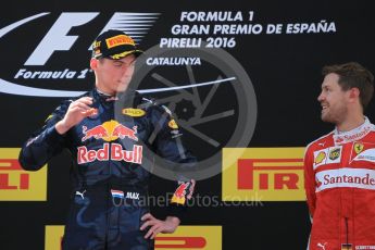 World © Octane Photographic Ltd. Red Bull Racing RB12 – Max Verstappen (1st) and Scuderia Ferrari - Sebastian Vettel (3rd). Sunday 15th May 2016, F1 Spanish GP Podium, Circuit de Barcelona Catalunya, Spain. Digital Ref :