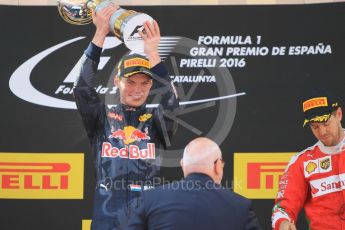 World © Octane Photographic Ltd. Red Bull Racing RB12 – Max Verstappen (1st) and Scuderia Ferrari - Sebastian Vettel (3rd). Sunday 15th May 2016, F1 Spanish GP Podium, Circuit de Barcelona Catalunya, Spain. Digital Ref :