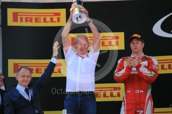 World © Octane Photographic Ltd. Red Bull Racing RB12 – Dr.Helmut Marko and Scuderia Ferrari - Sebastian Vettel (3rd). Sunday 15th May 2016, F1 Spanish GP Podium, Circuit de Barcelona Catalunya, Spain. Digital Ref :