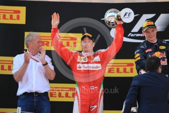 World © Octane Photographic Ltd. Red Bull Racing RB12 – Max Verstappen (1st) and Dr.Helmut Marko and Scuderia Ferrari - Sebastian Vettel (3rd). Sunday 15th May 2016, F1 Spanish GP Podium, Circuit de Barcelona Catalunya, Spain. Digital Ref :