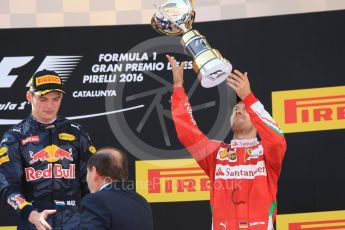 World © Octane Photographic Ltd. Red Bull Racing RB12 – Max Verstappen (1st) and Scuderia Ferrari - Sebastian Vettel (3rd). Sunday 15th May 2016, F1 Spanish GP Podium, Circuit de Barcelona Catalunya, Spain. Digital Ref :