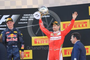 World © Octane Photographic Ltd. Red Bull Racing RB12 – Max Verstappen (1st) and Scuderia Ferrari - Sebastian Vettel (3rd). Sunday 15th May 2016, F1 Spanish GP Podium, Circuit de Barcelona Catalunya, Spain. Digital Ref :