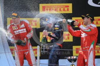 World © Octane Photographic Ltd. Red Bull Racing RB12 – Max Verstappen (1st) and Scuderia Ferrari - Kimi Raikkonen (2nd) and Sebastian Vettel (3rd). Sunday 15th May 2016, F1 Spanish GP Podium, Circuit de Barcelona Catalunya, Spain. Digital Ref :