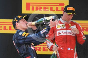 World © Octane Photographic Ltd. Red Bull Racing RB12 – Max Verstappen (1st) and Scuderia Ferrari - Kimi Raikkonen (2nd). Sunday 15th May 2016, F1 Spanish GP Podium, Circuit de Barcelona Catalunya, Spain. Digital Ref :