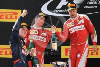 World © Octane Photographic Ltd. Red Bull Racing RB12 – Max Verstappen (1st) and Scuderia Ferrari - Kimi Raikkonen (2nd) and Sebastian Vettel (3rd). Sunday 15th May 2016, F1 Spanish GP Podium, Circuit de Barcelona Catalunya, Spain. Digital Ref :