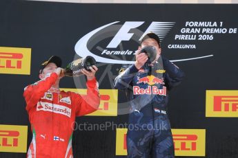 World © Octane Photographic Ltd. Red Bull Racing RB12 – Max Verstappen (1st) and Scuderia Ferrari - Kimi Raikkonen (2nd). Sunday 15th May 2016, F1 Spanish GP Podium, Circuit de Barcelona Catalunya, Spain. Digital Ref :