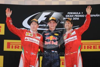 World © Octane Photographic Ltd. Red Bull Racing RB12 – Max Verstappen (1st) and Scuderia Ferrari - Kimi Raikkonen (2nd) and Sebastian Vettel (3rd). Sunday 15th May 2016, F1 Spanish GP Podium, Circuit de Barcelona Catalunya, Spain. Digital Ref :