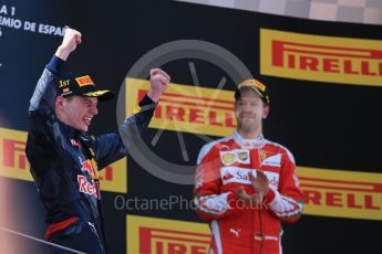 World © Octane Photographic Ltd. Red Bull Racing RB12 – Max Verstappen (1st) and Scuderia Ferrari - Sebastian Vettel (3rd). Sunday 15th May 2016, F1 Spanish GP Podium, Circuit de Barcelona Catalunya, Spain. Digital Ref :