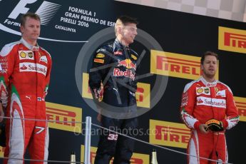 World © Octane Photographic Ltd. Red Bull Racing RB12 – Max Verstappen (1st) and Scuderia Ferrari - Kimi Raikkonen (2nd) and Sebastian Vettel (3rd). Sunday 15th May 2016, F1 Spanish GP Podium, Circuit de Barcelona Catalunya, Spain. Digital Ref :