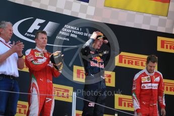 World © Octane Photographic Ltd. Red Bull Racing RB12 – Max Verstappen (1st) and Scuderia Ferrari - Kimi Raikkonen (2nd) and Sebastian Vettel (3rd). Sunday 15th May 2016, F1 Spanish GP Podium, Circuit de Barcelona Catalunya, Spain. Digital Ref :