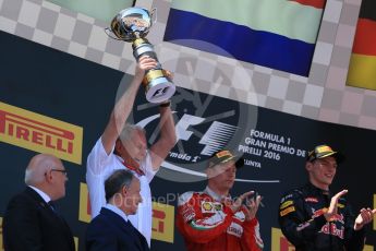 World © Octane Photographic Ltd. Red Bull Racing RB12 – Max Verstappen (1st) and Dr.Helmut Marko and Scuderia Ferrari - Kimi Raikkonen (2nd). Sunday 15th May 2016, F1 Spanish GP Podium, Circuit de Barcelona Catalunya, Spain. Digital Ref :