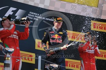 World © Octane Photographic Ltd. Red Bull Racing RB12 – Max Verstappen with Dr.Helmut Marko (1st) and Scuderia Ferrari - Kimi Raikkonen (2nd) and Sebastian Vettel (3rd). Sunday 15th May 2016, F1 Spanish GP Podium, Circuit de Barcelona Catalunya, Spain. Digital Ref :