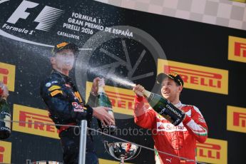 World © Octane Photographic Ltd. Red Bull Racing RB12 – Max Verstappen (1st) and Scuderia Ferrari - Sebastian Vettel (3rd). Sunday 15th May 2016, F1 Spanish GP Podium, Circuit de Barcelona Catalunya, Spain. Digital Ref :