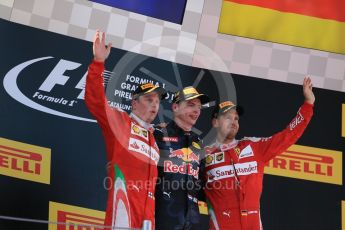 World © Octane Photographic Ltd. Red Bull Racing RB12 – Max Verstappen (1st) and Scuderia Ferrari - Kimi Raikkonen (2nd) and Sebastian Vettel (3rd). Sunday 15th May 2016, F1 Spanish GP Podium, Circuit de Barcelona Catalunya, Spain. Digital Ref :