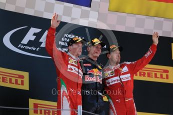 World © Octane Photographic Ltd. Red Bull Racing RB12 – Max Verstappen (1st) and Scuderia Ferrari - Kimi Raikkonen (2nd) and Sebastian Vettel (3rd). Sunday 15th May 2016, F1 Spanish GP Podium, Circuit de Barcelona Catalunya, Spain. Digital Ref :