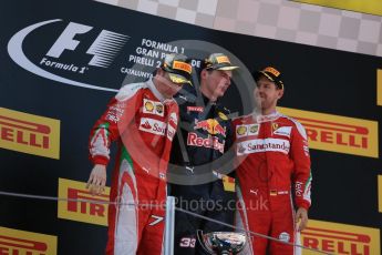 World © Octane Photographic Ltd. Red Bull Racing RB12 – Max Verstappen (1st) and Scuderia Ferrari - Kimi Raikkonen (2nd) and Sebastian Vettel (3rd). Sunday 15th May 2016, F1 Spanish GP Podium, Circuit de Barcelona Catalunya, Spain. Digital Ref :