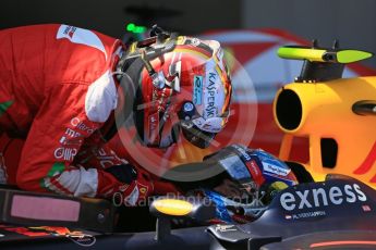 World © Octane Photographic Ltd. Red Bull Racing RB12 – Max Verstappen and Sebastian Vettel. Sunday 15th May 2016, F1 Spanish GP Parc Ferme, Circuit de Barcelona Catalunya, Spain. Digital Ref :