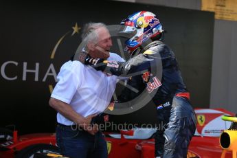 World © Octane Photographic Ltd. Red Bull Racing RB12 – Max Verstappen and Dr.Helmut Marko. Sunday 15th May 2016, F1 Spanish GP Parc Ferme, Circuit de Barcelona Catalunya, Spain. Digital Ref :