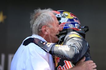 World © Octane Photographic Ltd. Red Bull Racing RB12 – Max Verstappen and Dr.Helmut Marko. Sunday 15th May 2016, F1 Spanish GP Parc Ferme, Circuit de Barcelona Catalunya, Spain. Digital Ref :