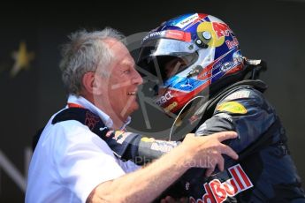 World © Octane Photographic Ltd. Red Bull Racing RB12 – Max Verstappen and Dr.Helmut Marko. Sunday 15th May 2016, F1 Spanish GP Parc Ferme, Circuit de Barcelona Catalunya, Spain. Digital Ref :